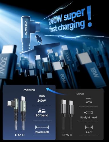 AINOPE 240W USB C to USB C Cable 66ft 2Pack Chubby USB C USB C to USB C Fast Charging Cable Right Angle USB C Charger Cable for iPhone16 Charger Cord MacBook Pro iPad Samsung Galaxy S25 - Image 3