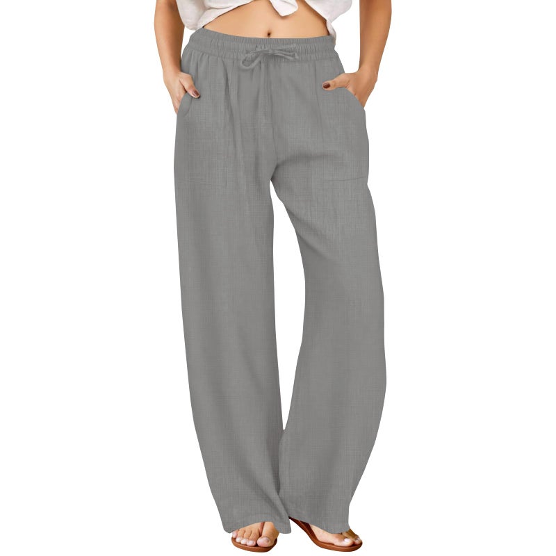 FireSwan Womens Palazzo Pants Casual Drawstring Flowy Pants Wide Leg Summer Beach Linen Trousers with Pockets Grey - Image 1