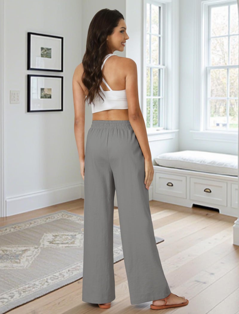 FireSwan Womens Palazzo Pants Casual Drawstring Flowy Pants Wide Leg Summer Beach Linen Trousers with Pockets Grey - Image 4