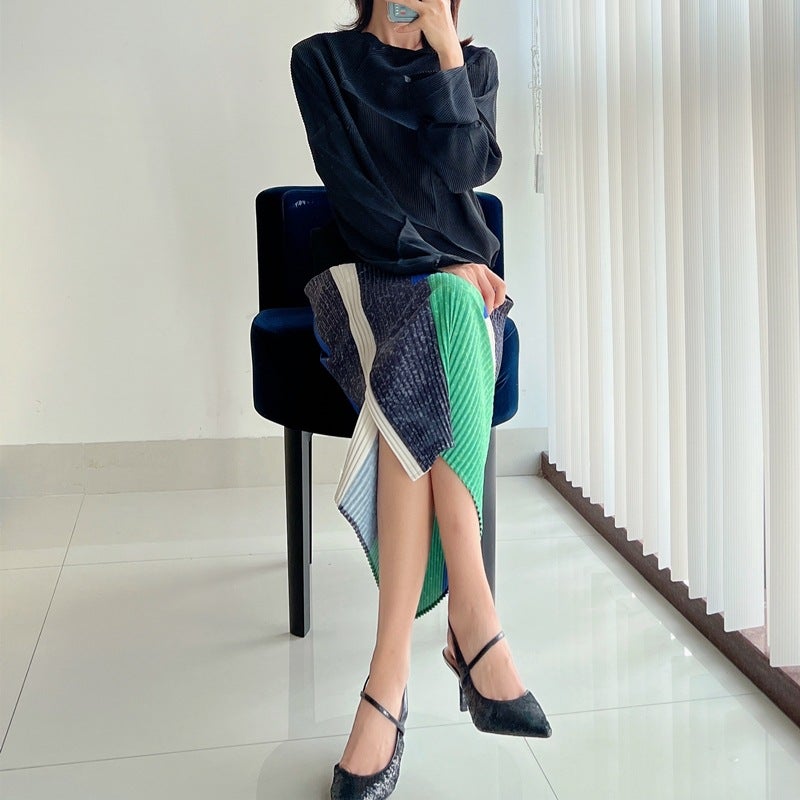 Summer Stretch Pleated Bodycon Skirt, Contrast Color, Slit, Elastic Waist - Image 2
