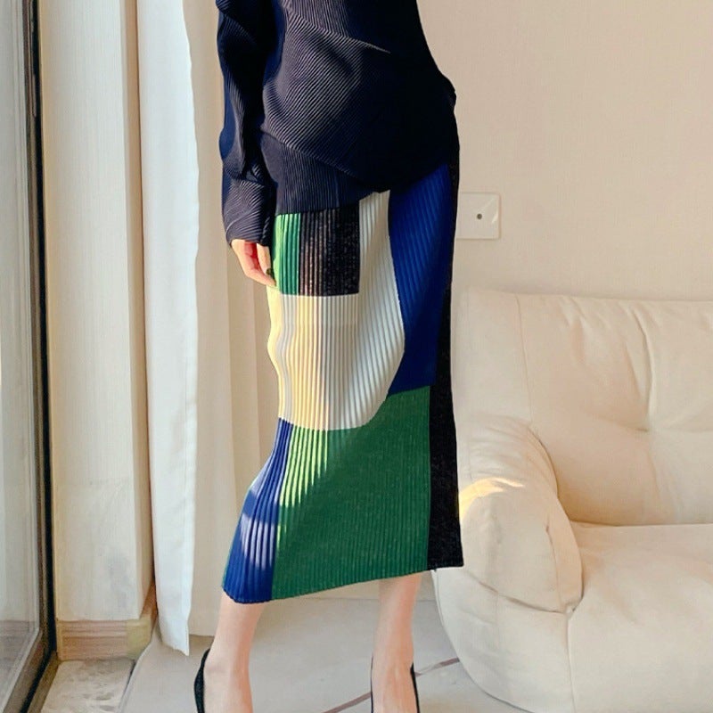 Summer Stretch Pleated Bodycon Skirt, Contrast Color, Slit, Elastic Waist - Image 1
