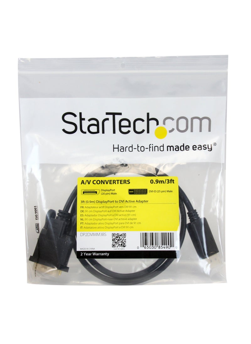 Startech.com StarTech.com 3ft (1m) DisplayPort to DVI Cable - 1080p Video - Active DisplayPort to DVI Adapter Cable - DisplayPort to DVI-D Cable Converter Single Link - DP 1.2 to DVI Monitor Cable (DP2DVIMM3BS)  - Image 2