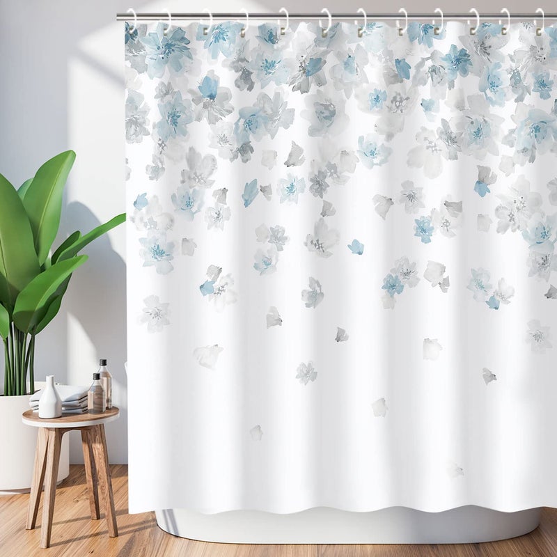 LIVILAN Floral Shower Curtain Blue and Gray Shower Curtain Weeping Flower Shower Curtain with 12 Hooks Light Blue Simple Shower Curtain for Bathroom Light Grey Waterproof Decorative 72 W x 72 H