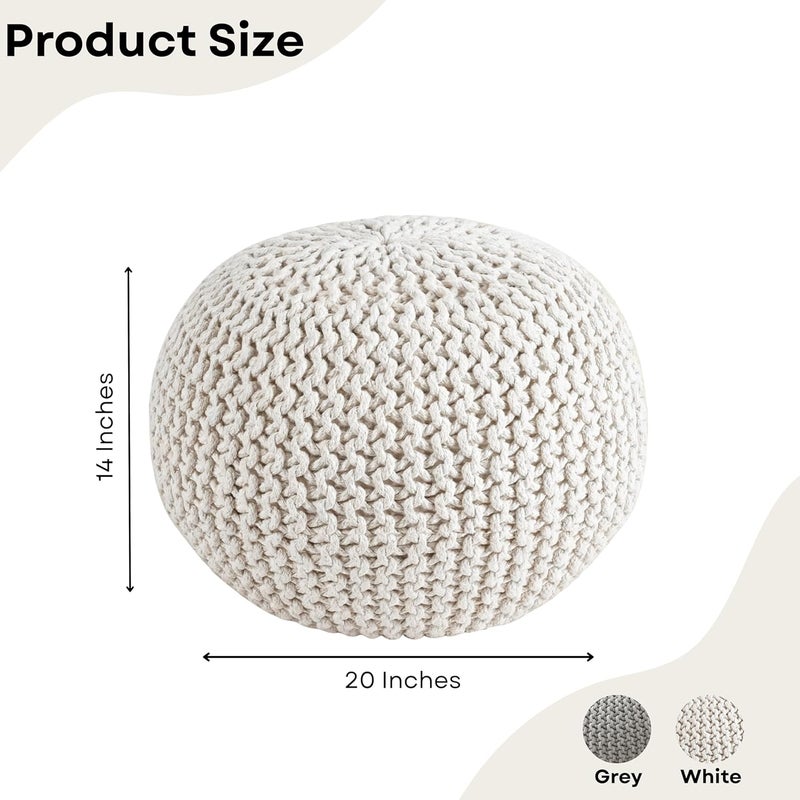 Palisa Round Pouf Ottoman - Ivory, Stuffed Boho Cable Knitted Foot Rest Stool for Couch, Living Room, Outdoor Patio Seat | Hand Woven Chair Pouffs for Kids Bedroom - 20x20x14 Inches - Image 2