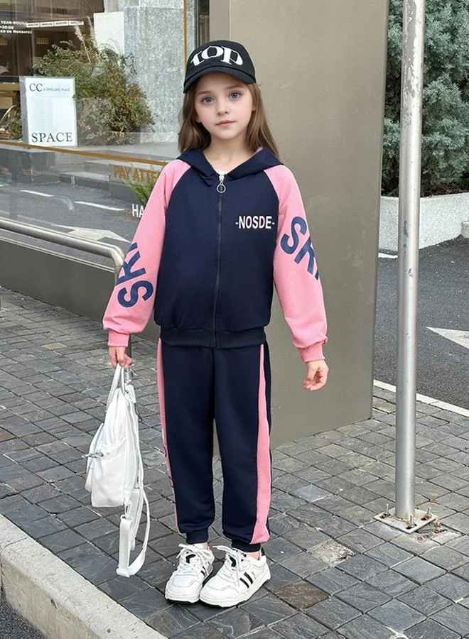 Take Two Take Two Girls Navy Color Block Hooded Jacket and Joggers Set