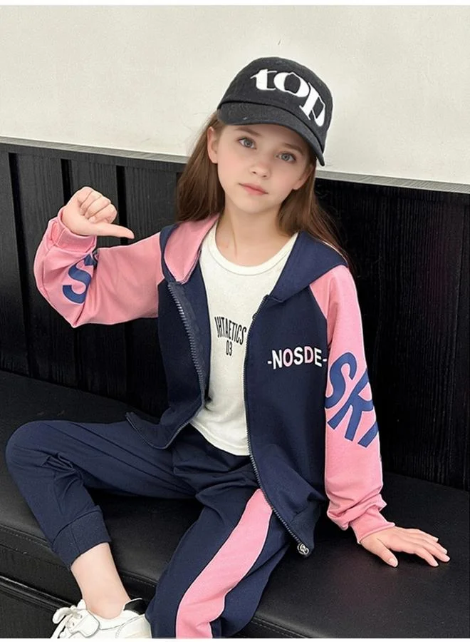 Take Two Take Two Girls Navy Color Block Hooded Jacket and Joggers Set
