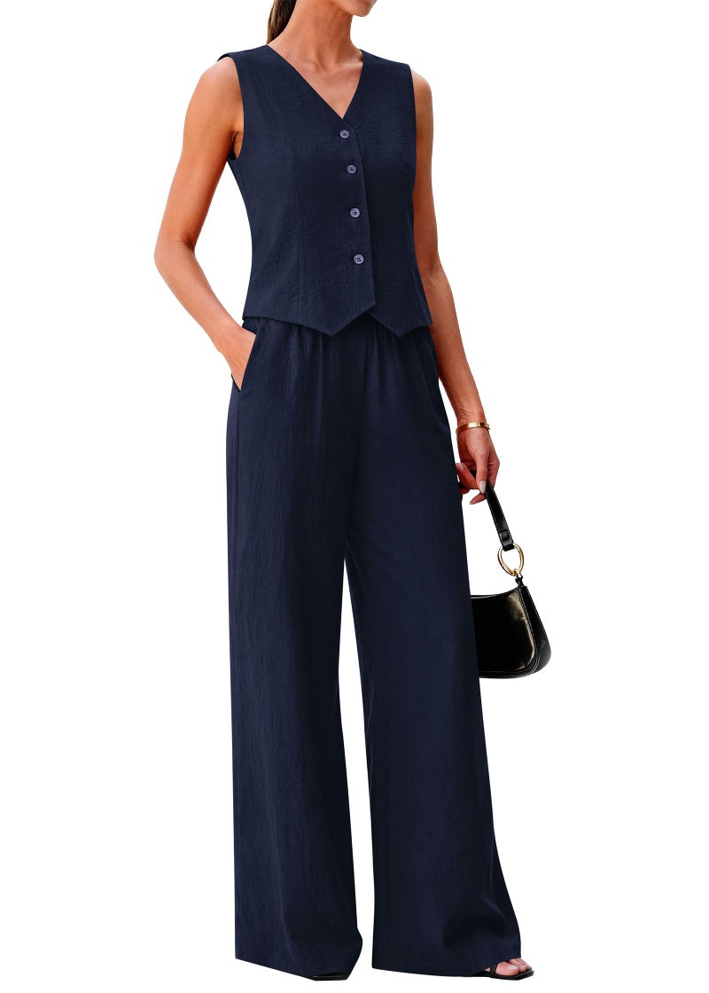 KIRUNDO Business Casual Outfits for Women Vest Tops Pant Suits Dressy 2 Piece Sets Summer Crop Blazer Wide Leg Work Pants(Navy, Medium) - Image 1