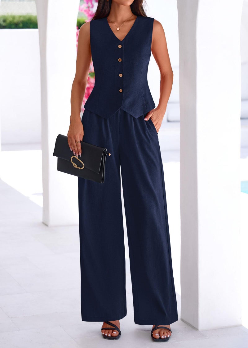 KIRUNDO Business Casual Outfits for Women Vest Tops Pant Suits Dressy 2 Piece Sets Summer Crop Blazer Wide Leg Work Pants(Navy, Medium) - Image 3