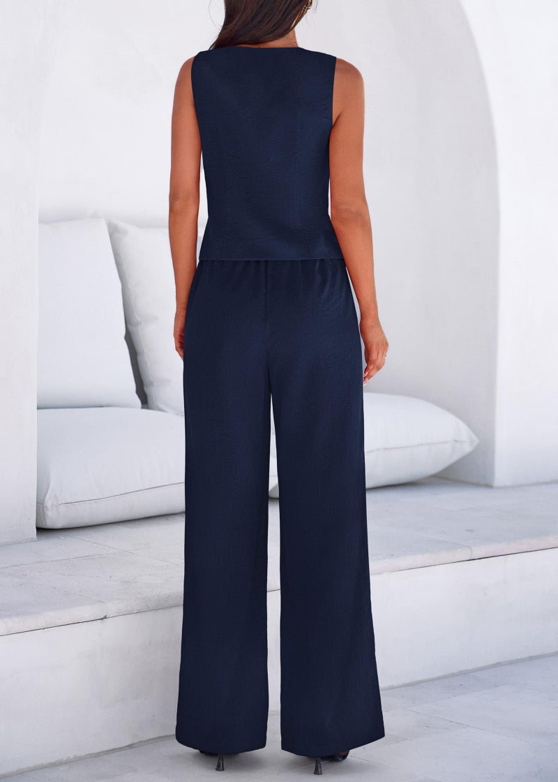KIRUNDO Business Casual Outfits for Women Vest Tops Pant Suits Dressy 2 Piece Sets Summer Crop Blazer Wide Leg Work Pants(Navy, Medium) - Image 5