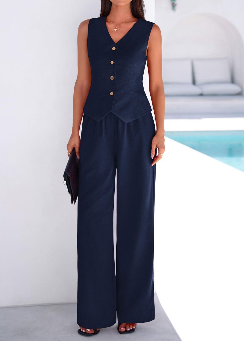 KIRUNDO Business Casual Outfits for Women Vest Tops Pant Suits Dressy 2 Piece Sets Summer Crop Blazer Wide Leg Work Pants(Navy, Medium) - Image 4