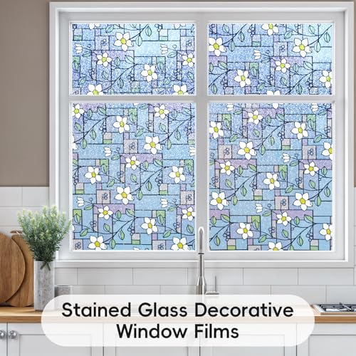 DUOFIRE Stained Glass Window Film Color Flower Pattern Privacy Window Film Decorative Glass Film No Glue Anti-UV Window Sticker Non Adhesive for Bedroom Living Room 23.6in. x 78.7in. DP003-1 - Image 4