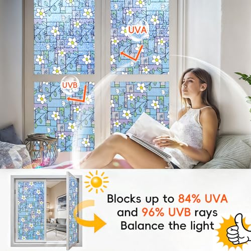 DUOFIRE Stained Glass Window Film Color Flower Pattern Privacy Window Film Decorative Glass Film No Glue Anti-UV Window Sticker Non Adhesive for Bedroom Living Room 23.6in. x 78.7in. DP003-1 - Image 2