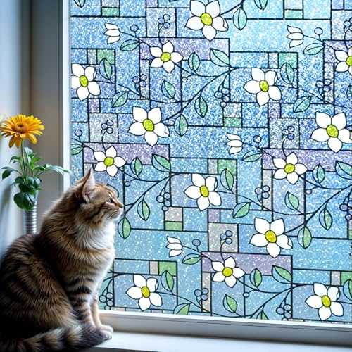 DUOFIRE Stained Glass Window Film Color Flower Pattern Privacy Window Film Decorative Glass Film No Glue Anti-UV Window Sticker Non Adhesive for Bedroom Living Room 23.6in. x 78.7in. DP003-1 - Image 1