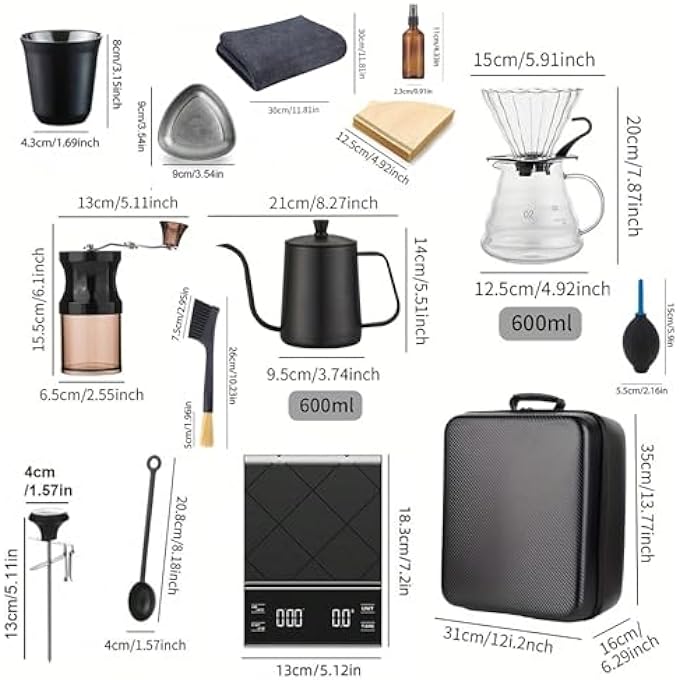 Mimelon Drip Coffee Maker 15 Pc V60 Coffee Kit Set  Manual Coffee Dripper Pour Over Coffee Maker Set With Portable Case Coffee Grinder Kettle  Filter Causal Black - Image 2