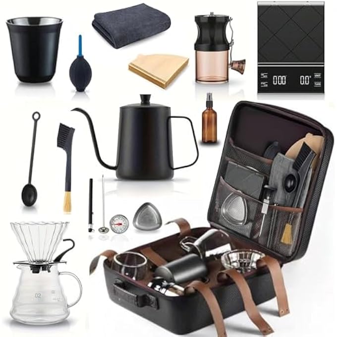 Mimelon Drip Coffee Maker 15 Pc V60 Coffee Kit Set  Manual Coffee Dripper Pour Over Coffee Maker Set With Portable Case Coffee Grinder Kettle  Filter Causal Black - Image 1