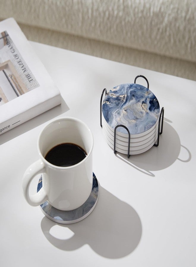Hoomey Set of 6 Navy Blue Abstract Onyx Marble Coasters with Holder, Absorbent Ceramic Drink Coasters for Table Protection, Housewarming Gifts for New Home - Image 5