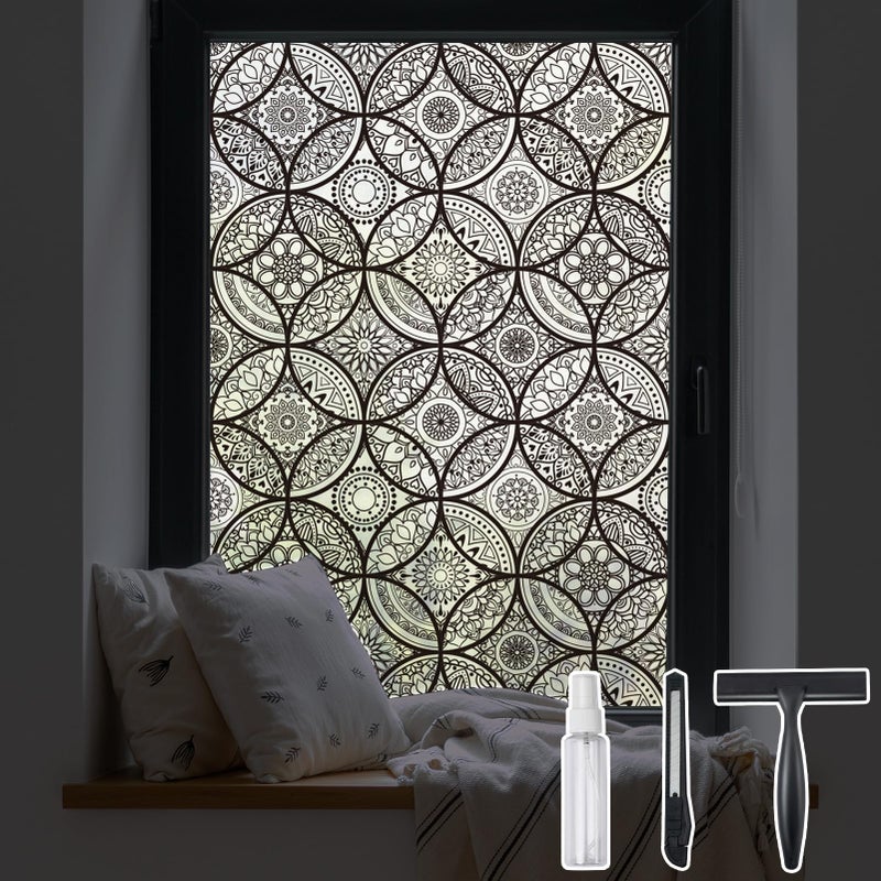 DKTIE Boho Stained Glass Look Window Privacy Film with Installation Tools, Decorative Frosted Glass Window Film Static Cling No Glue Removable, Pure Black, 17.7" x 118.1" - Image 1