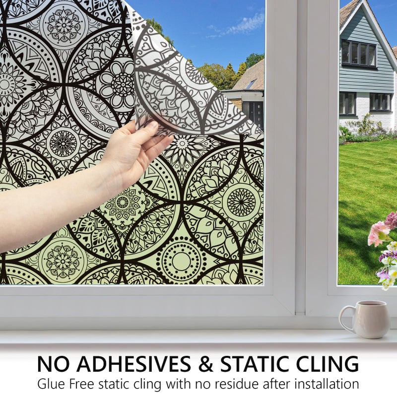 DKTIE Boho Stained Glass Look Window Privacy Film with Installation Tools, Decorative Frosted Glass Window Film Static Cling No Glue Removable, Pure Black, 17.7" x 118.1" - Image 4