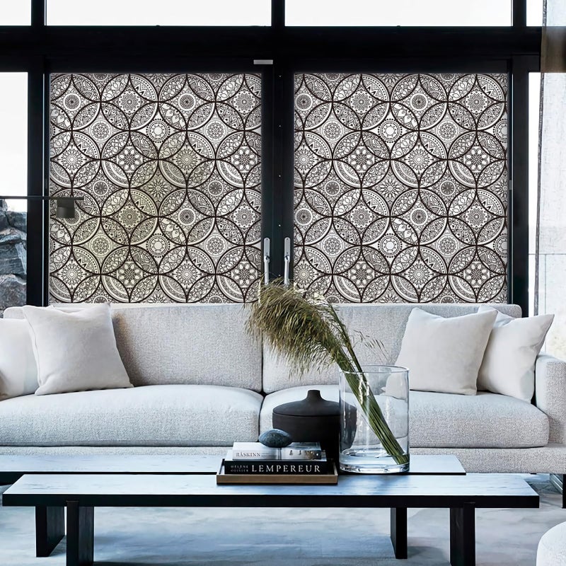 DKTIE Boho Stained Glass Look Window Privacy Film with Installation Tools, Decorative Frosted Glass Window Film Static Cling No Glue Removable, Pure Black, 17.7" x 118.1" - Image 5