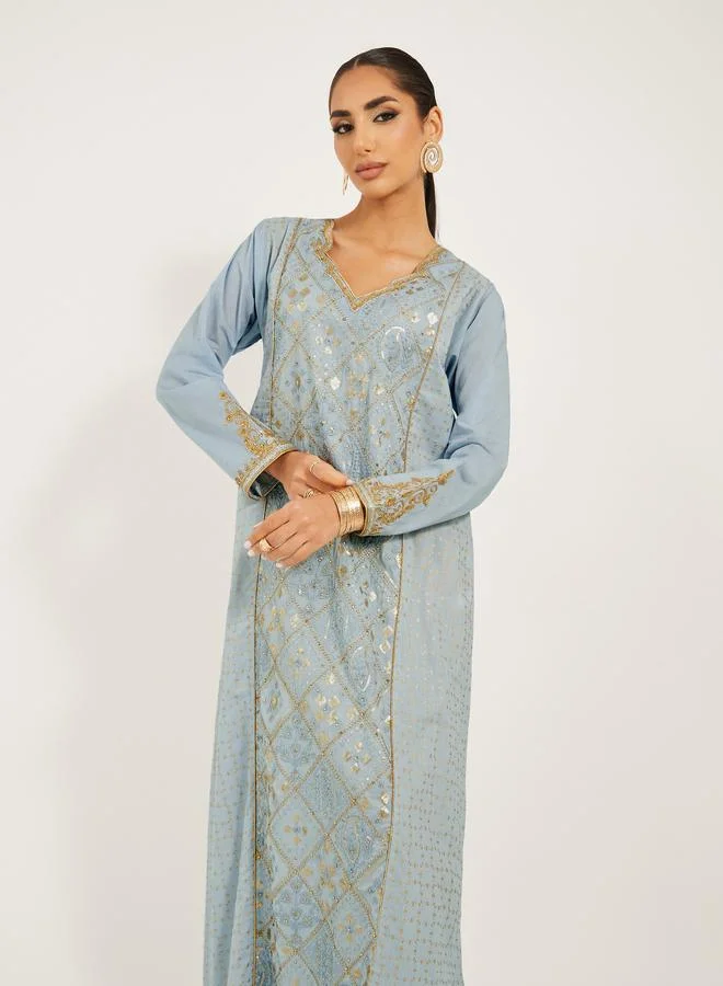 Styli Embroidered Panel Lace Detail A-Line Jalabyia
