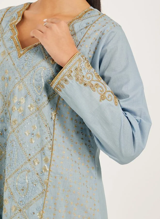 Styli Embroidered Panel Lace Detail A-Line Jalabyia