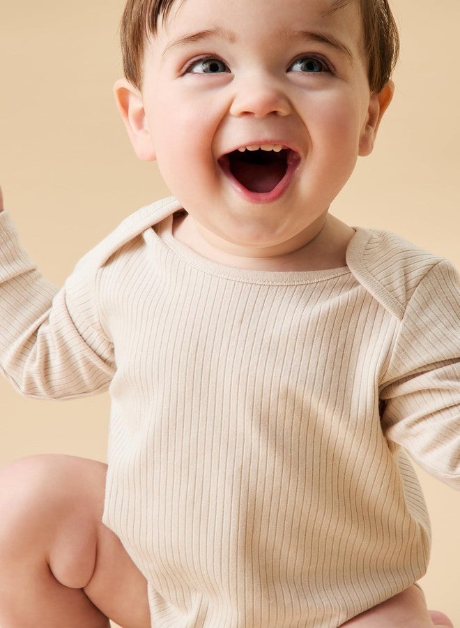 MORI Baby Unisex Long Sleeve Bodysuit in Ribbed Ecru Viscose from Bamboo and Organic Cotton Romper for Boys and Girls - Newborn - Image 3