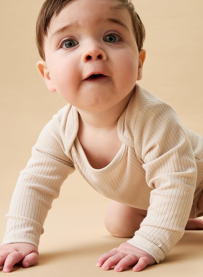 MORI Baby Unisex Long Sleeve Bodysuit in Ribbed Ecru Viscose from Bamboo and Organic Cotton Romper for Boys and Girls - Newborn - Image 4
