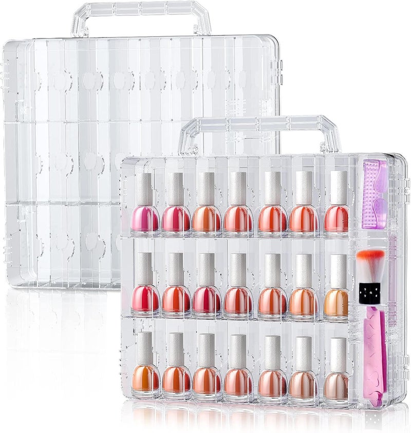SUBAY 2 Pcs Portable Nail Polish Organizer, Clear Double Side Nail Polish Holder ,Gel Nail Storage for 48 Bottles with 6 Adjustable Dividers in Each Side Space Saver