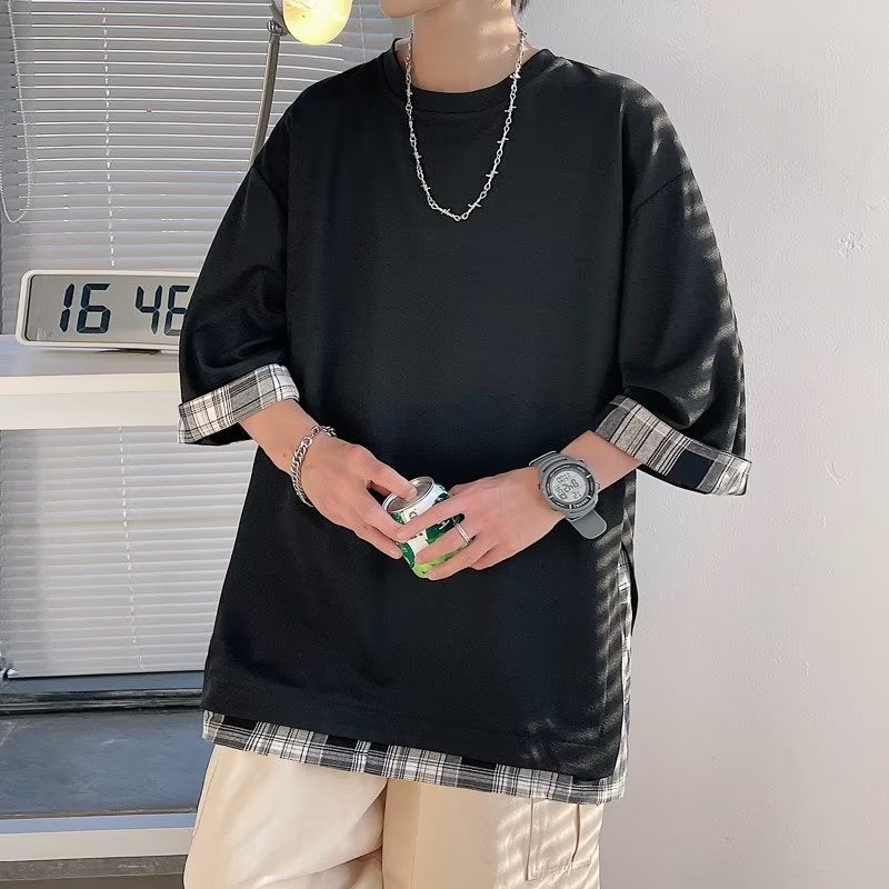 Japanese-style Ice Silk Fake Two-piece Short-sleeved T-shirt Men's Summer Hong Kong Style Tide Brand Stitching Heavy-weight Niche Design Sense Seven-point Sleeve - Image 4