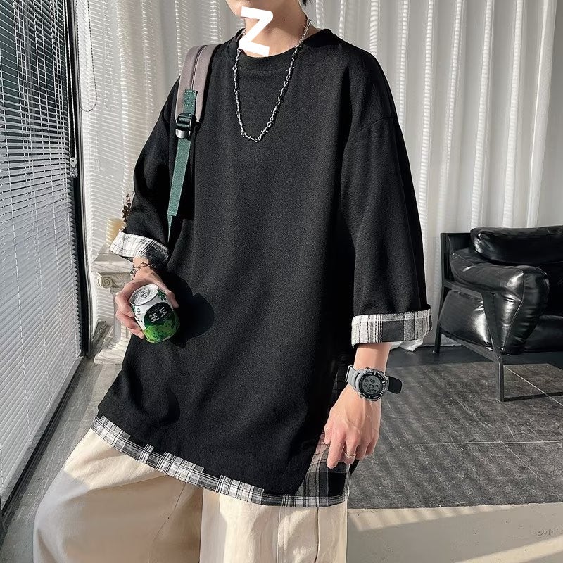 Japanese-style Ice Silk Fake Two-piece Short-sleeved T-shirt Men's Summer Hong Kong Style Tide Brand Stitching Heavy-weight Niche Design Sense Seven-point Sleeve - Image 2