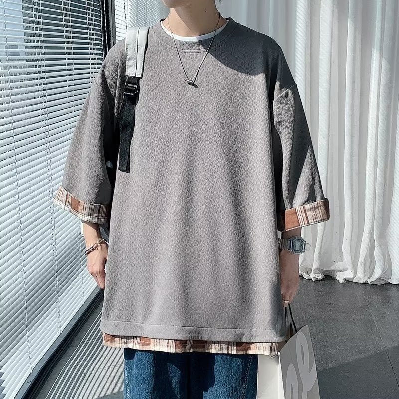 Japanese-style Ice Silk Fake Two-piece Short-sleeved T-shirt Men's Summer Hong Kong Style Tide Brand Stitching Heavy-weight Niche Design Sense Seven-point Sleeve - Image 5