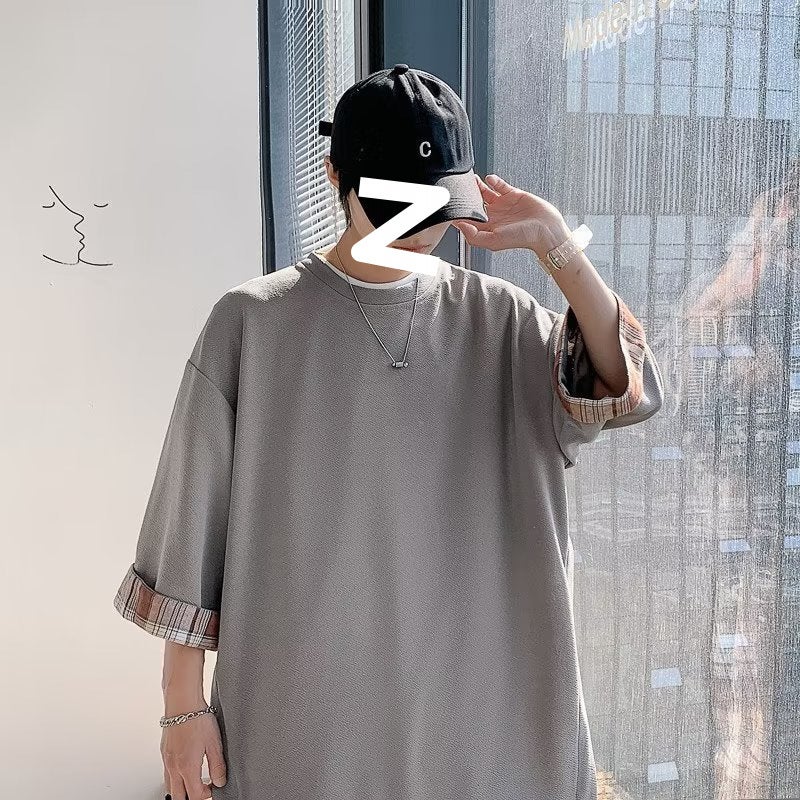 Japanese-style Ice Silk Fake Two-piece Short-sleeved T-shirt Men's Summer Hong Kong Style Tide Brand Stitching Heavy-weight Niche Design Sense Seven-point Sleeve - Image 3