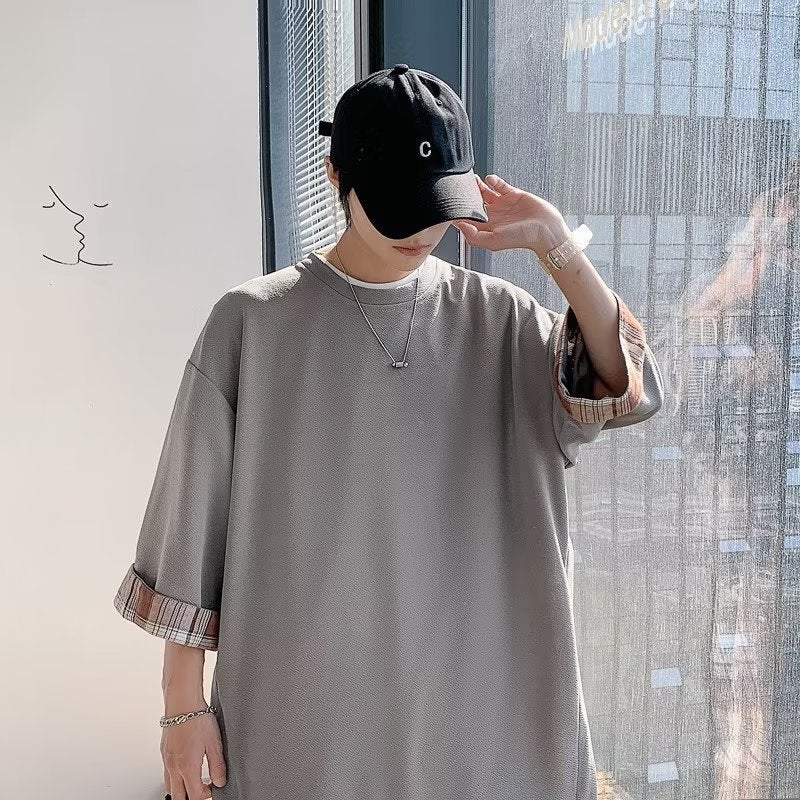 Japanese-style Ice Silk Fake Two-piece Short-sleeved T-shirt Men's Summer Hong Kong Style Tide Brand Stitching Heavy-weight Niche Design Sense Seven-point Sleeve - Image 1