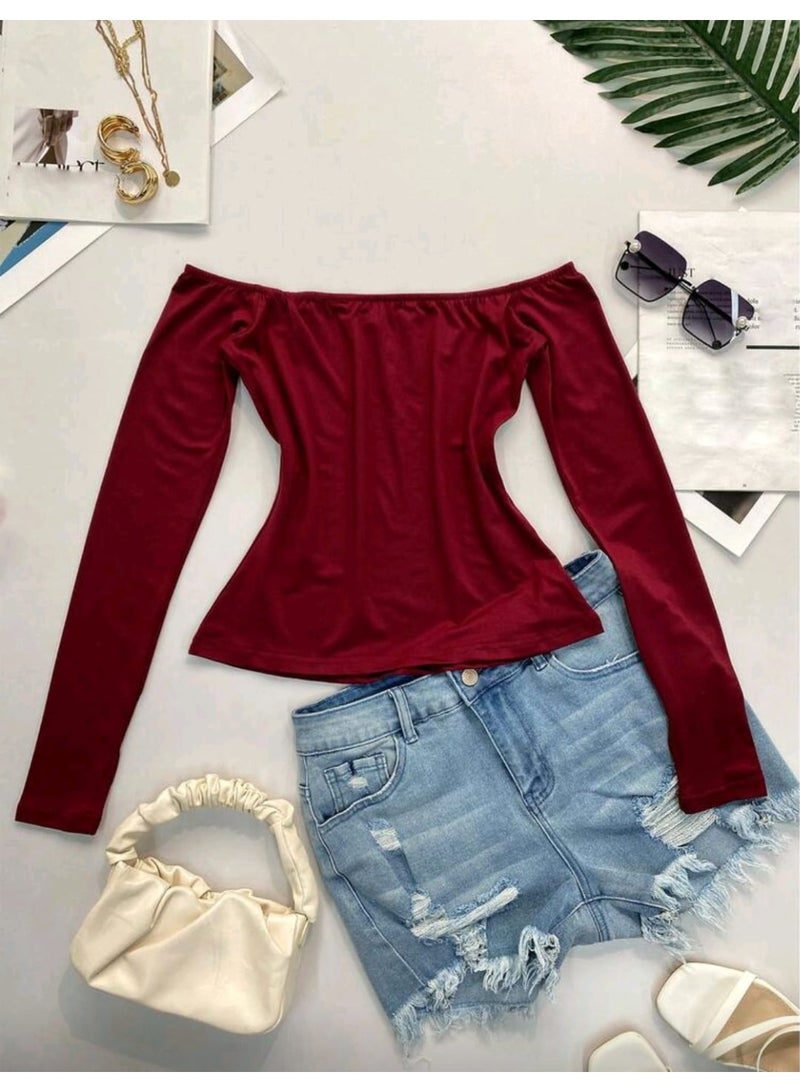 شي إن بلوزة نسائية بأكمام طويلة مكشوفة الكتفين وقميص أساسي بلون سادة مناسب للارتداء اليومي - Image 3