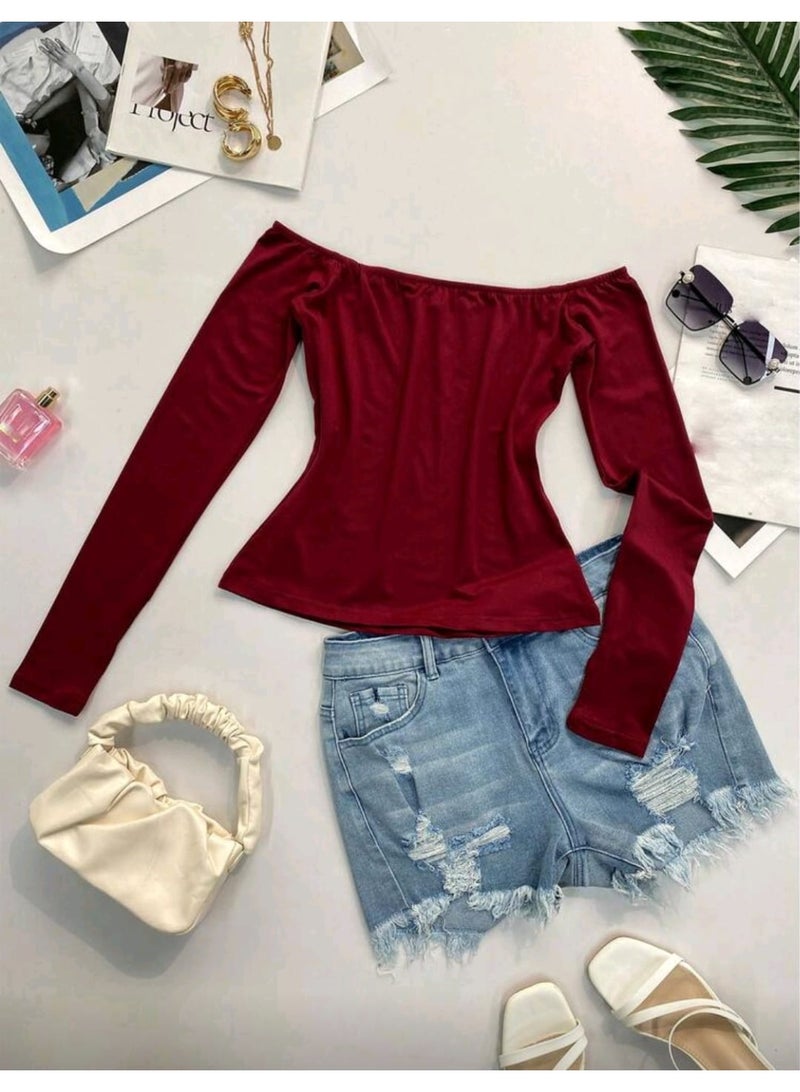 شي إن بلوزة نسائية بأكمام طويلة مكشوفة الكتفين وقميص أساسي بلون سادة مناسب للارتداء اليومي - Image 4