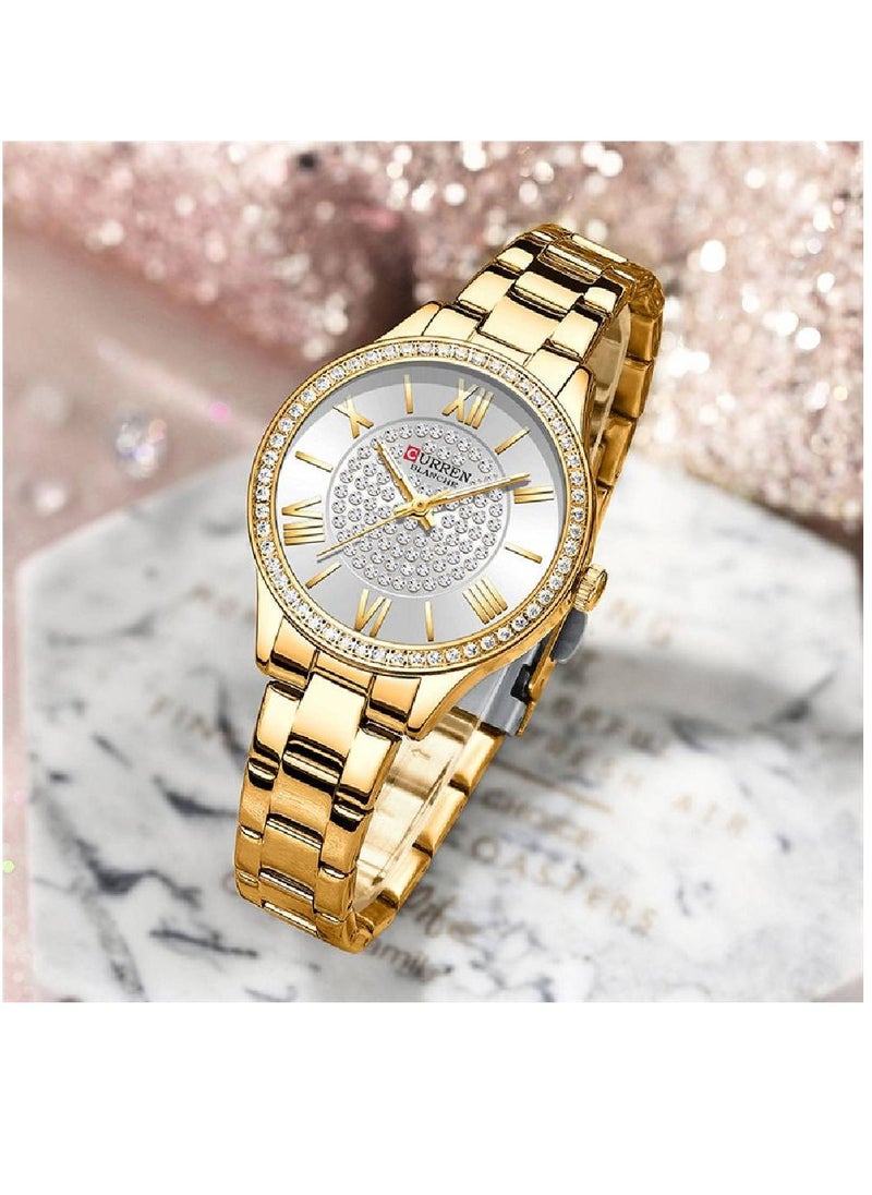 CURREN - 9084 Quartz Movement Round Dial Stainless Steel Strap Waterproof Women Wristwatch - Gold - Image 1