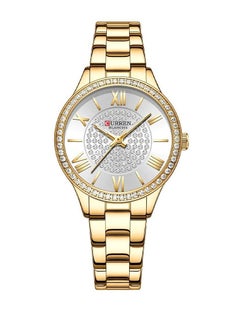 9084 Quartz Movement Round Dial Stainless Steel Strap Waterproof Women Wristwatch - Gold