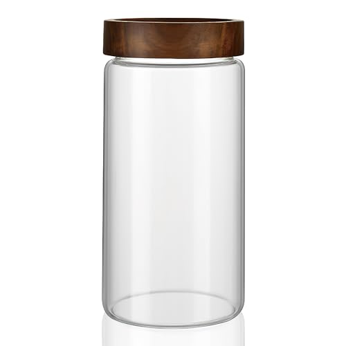 MOLADRI 40 oz/1200 ml Clear Glass Storage Canister with Airtight Wooden Screw Lid, Large Tall Cute Decorative Glass Food Container Jar for Coffee,Spice,Candy,Salt,Cookie,Condiment,Pepper,Sugar,Pasta - Image 1