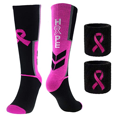 sticro Breast Cancer Awareness Pink Ribbon Hope Socks & Wristbands Set - 1 Pair Athletic Crew Socks + 2 Pcs Wrist Sweatbands - Image 1