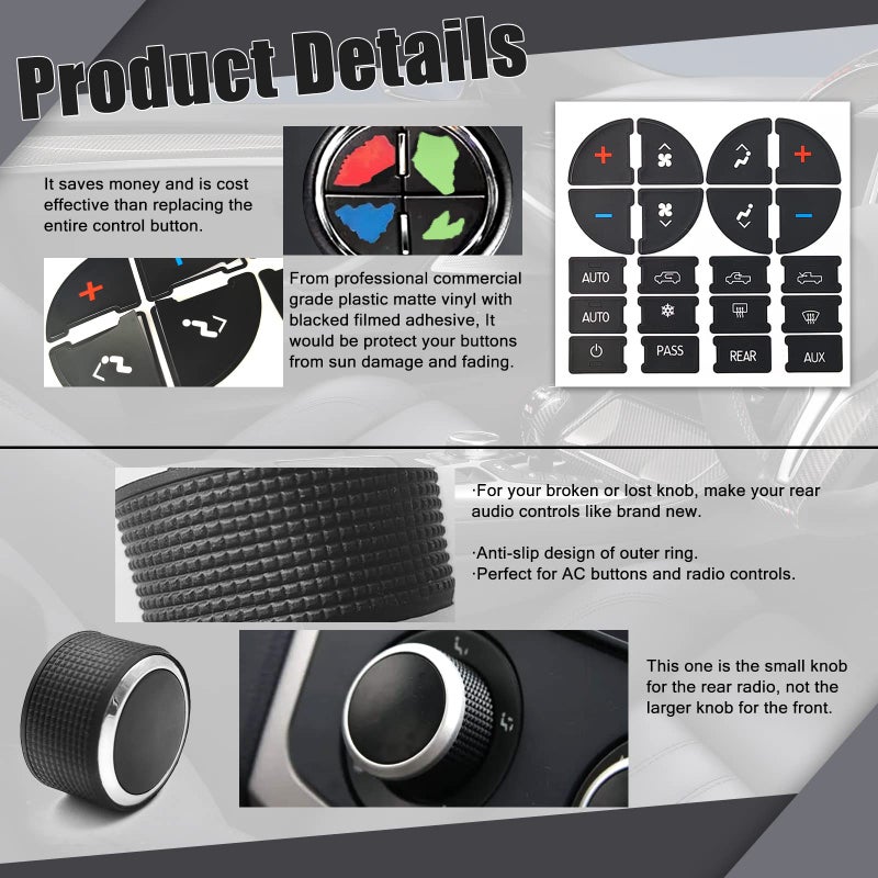 stymart 2 Pcs Rear Radio Volume Control Knob with AC Dash Button Sticker (2 Pcs) for GM 22912547 Radio Repair Kit and Compatible with Chevy GMC Buick Cadillac - Image 3