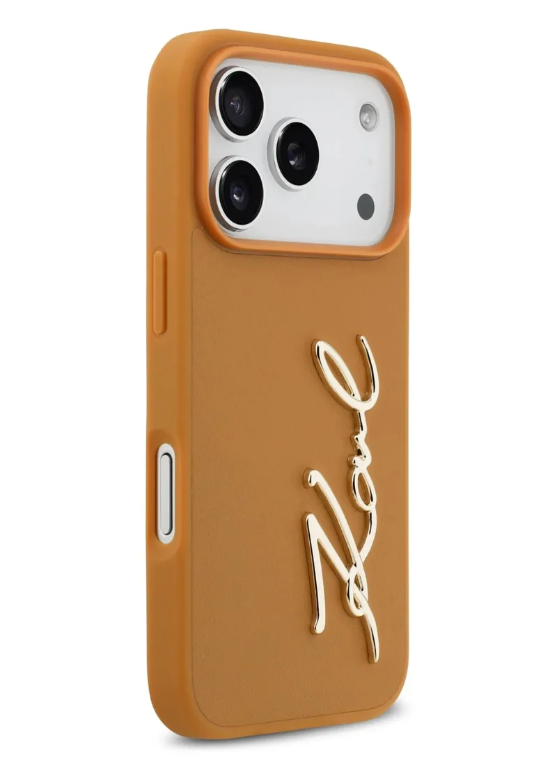 كارل لاغرفيلد جراب iPhone 17 Pro Max مصنوع من جلد البولي يوريثان مع شعار Karl Script وأزرار / سهل التركيب / تصميم رفيع / خفيف الوزن / غطاء خلفي - بني