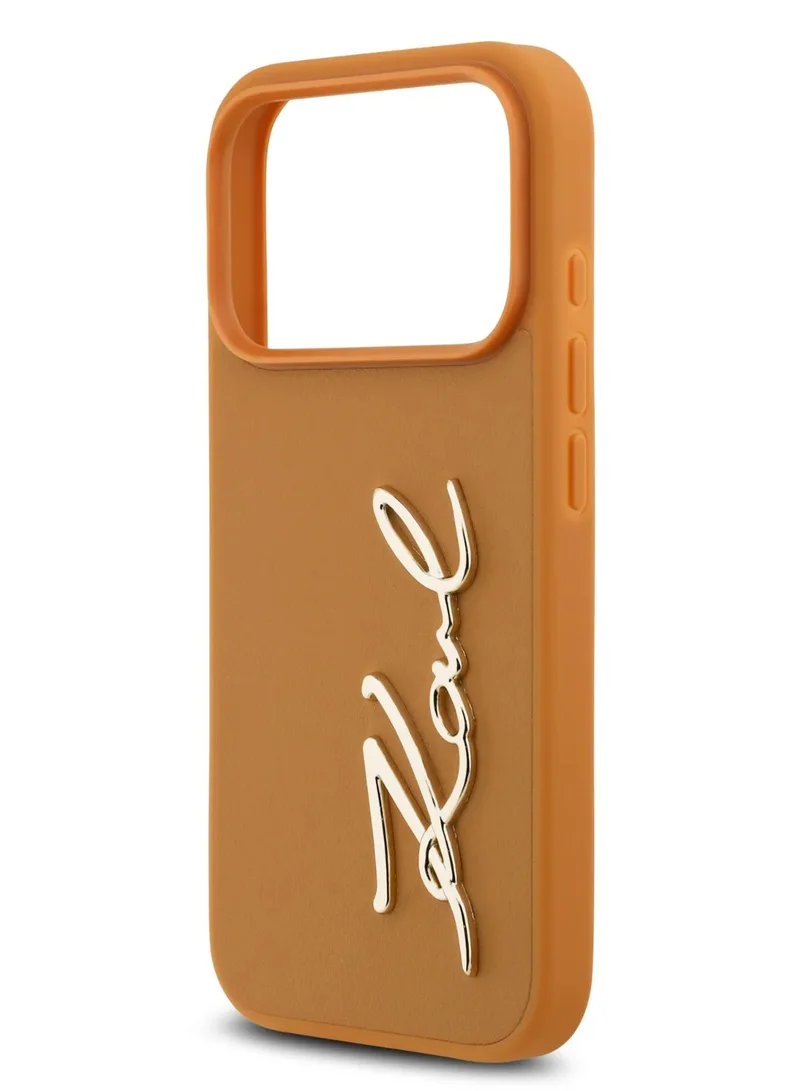 كارل لاغرفيلد جراب iPhone 17 Pro Max مصنوع من جلد البولي يوريثان مع شعار Karl Script وأزرار / سهل التركيب / تصميم رفيع / خفيف الوزن / غطاء خلفي - بني