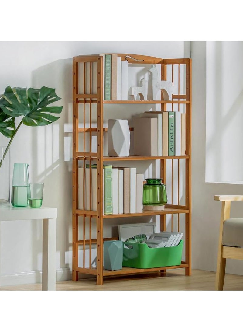 LINGWEI Wooden Book Shelf Cabinet Bamboo Book Case Rack 4 Tier with Drawer Bamboo Book Rack Storage Organizer For Home Office - Image 1