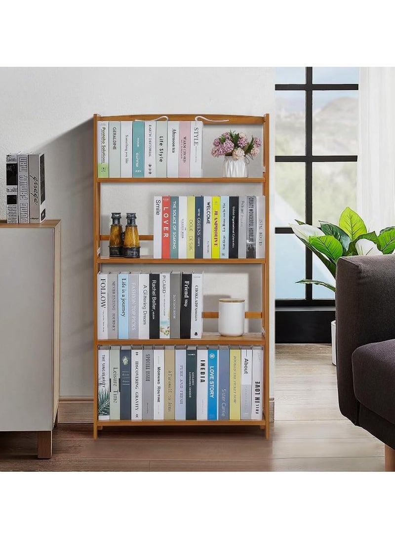 LINGWEI Wooden Book Shelf Cabinet Bamboo Book Case Rack 4 Tier with Drawer Bamboo Book Rack Storage Organizer For Home Office - Image 5