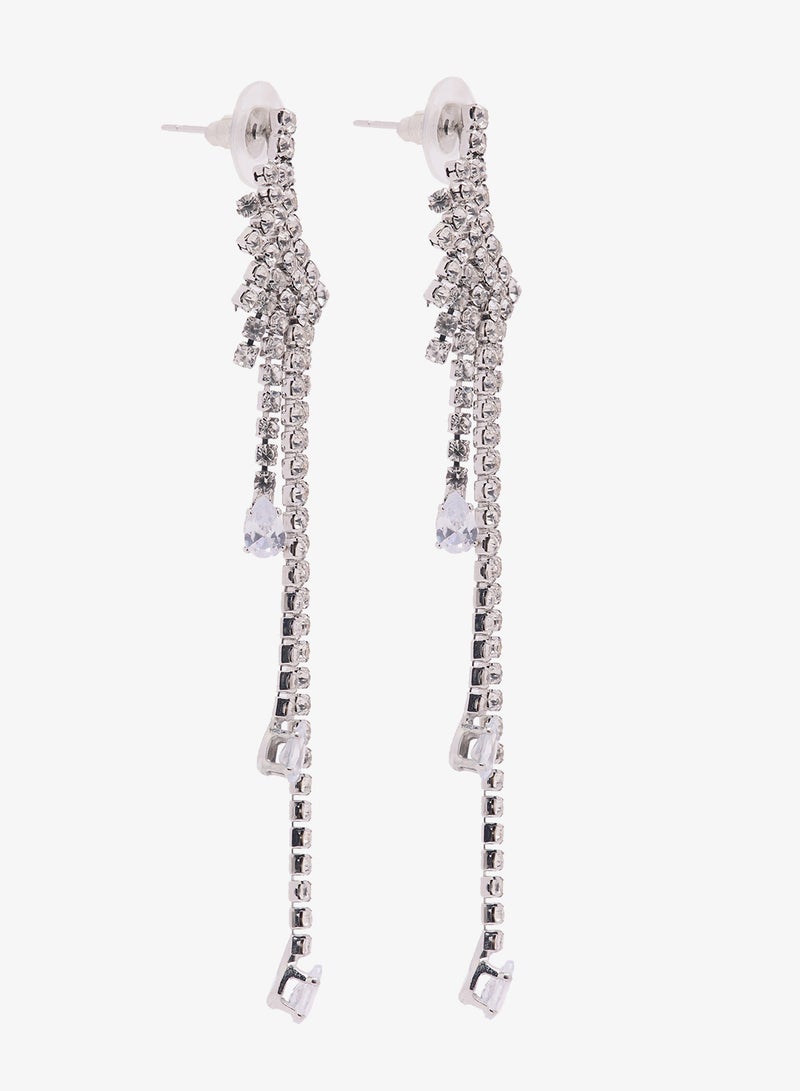 Ella Limited Edition Diamonte Embellished Rhinestone Ear Cuff Detailed Drop Down Earrings Silver - Image 1