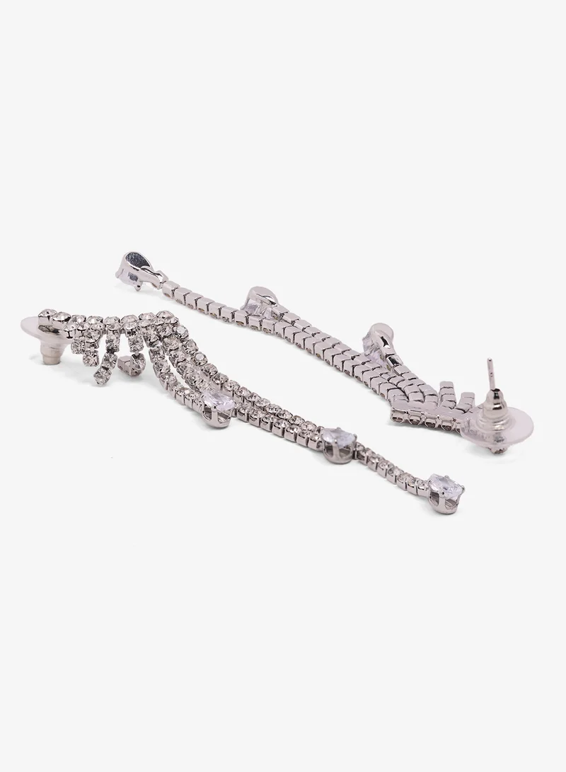 Ella Limited Edition Diamonte Embellished Rhinestone Ear Cuff Detailed Drop Down Earrings Silver