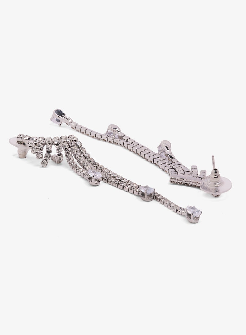 Ella Limited Edition Diamonte Embellished Rhinestone Ear Cuff Detailed Drop Down Earrings Silver - Image 2