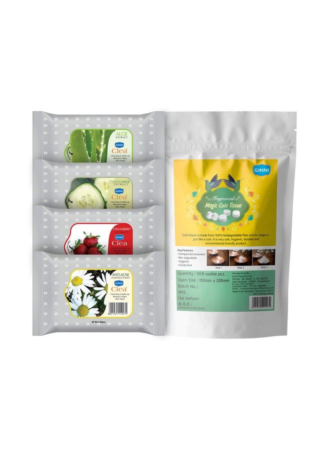 GINNI مناديل إزالة المكياج المنظفة كليا عبوة من 4 (30 منديل في العبوة) و 50 مناديل عملة (كليا 30 (خيار مضاد لحب الشباب فراولة صبار)) - Image 1