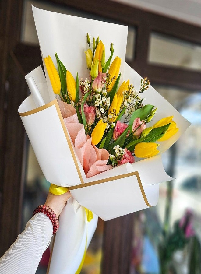 WRAPAHOLIC 20 Sheets Flower Wrapping Paper - 22.4 x 22.4 inch White with Gold Edge Water-Resistant Floral Bouquet Wrapping Paper, Florist Supplies Packaging Paper for Wedding Birthday Gift DIY - Image 5