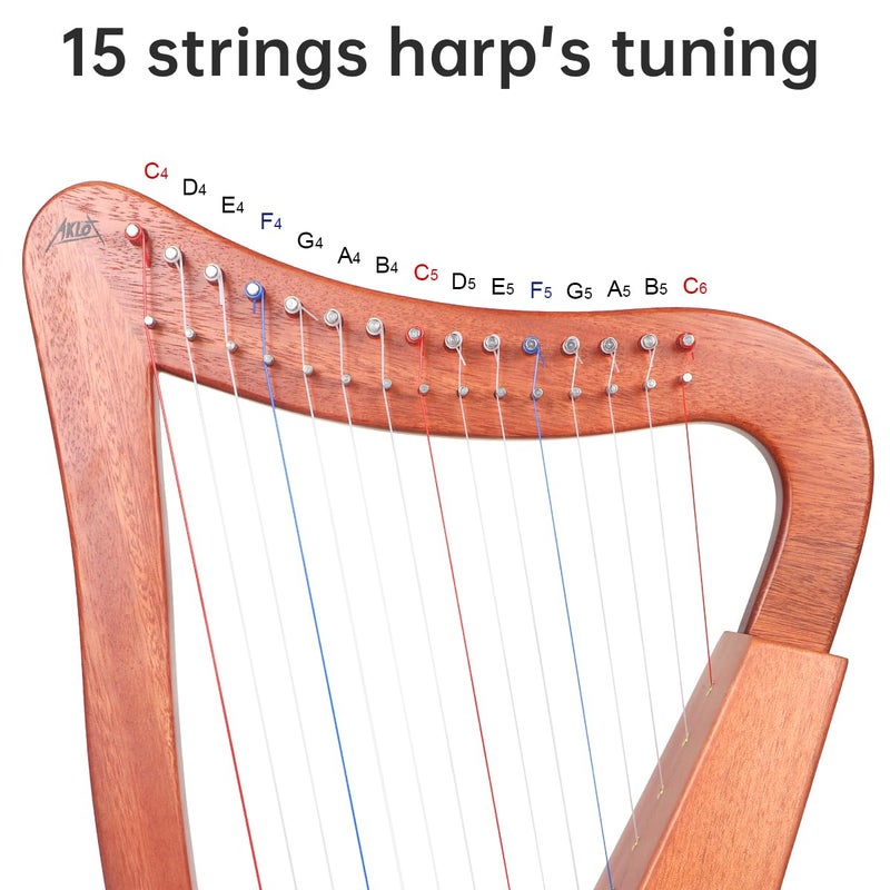 AKLOT Harp, AKLOT 15 Strings Mahogany Lyer Harp 22 inch Height with Electric Box, Tuning Wrench, Black Bag and Strap,Lyer Kit Gift for Adult Professional Beginner - Image 5